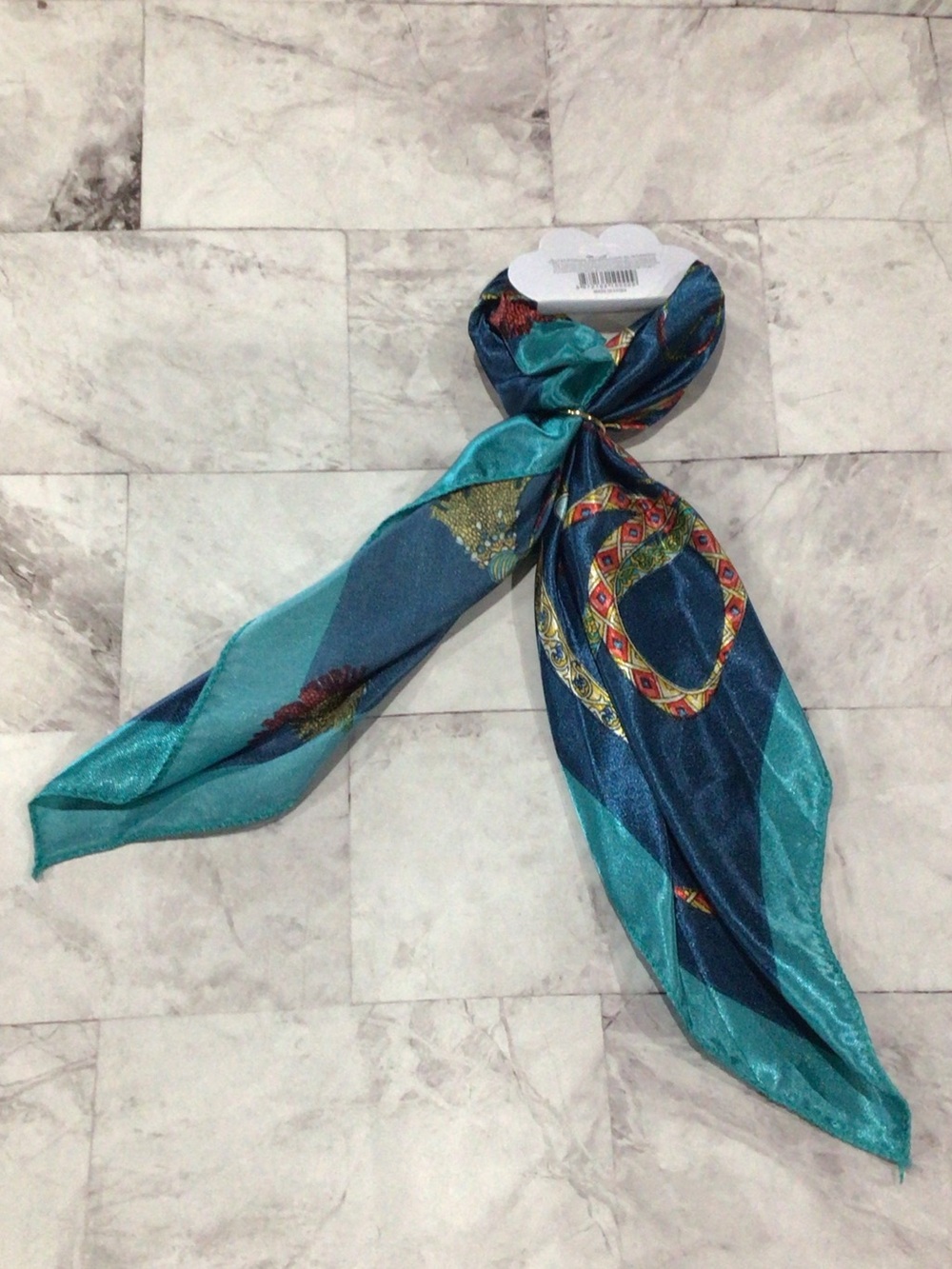 Silk-Feel Teal & Navy Printed Neck Scarf